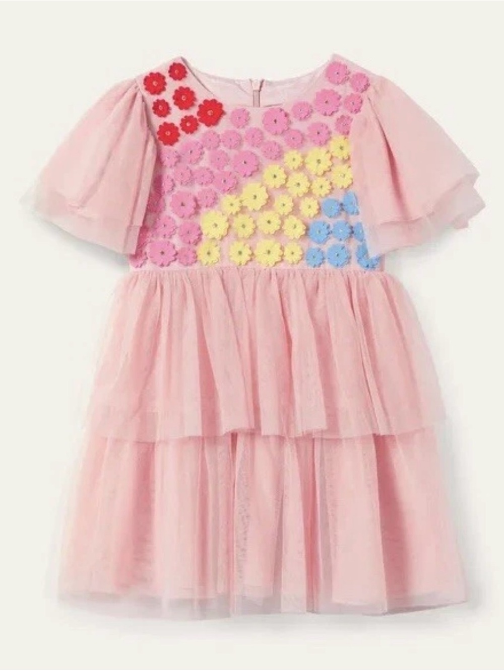 Mini Boden Pink Layered Dress with Red, Pink, Yellow & Blue Floral Appliqués